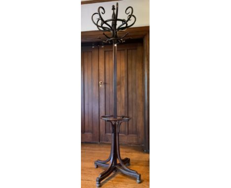 An early 20th century bentwood coat stand, cluster column, quatrefoil base, 210cm high, c.1910slight break to lower circle be