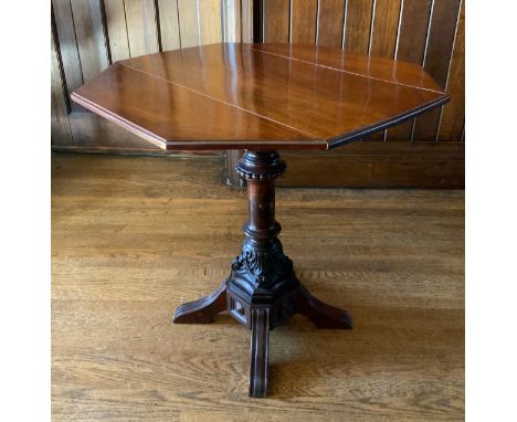 A 'Victorian' mahogany octagonal drop leaf occasional table, carved columns, four splay legs, 70cm high, 71cm wide, old recon