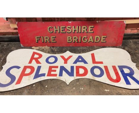 Cheshire Fire Brigade painted metal sign; Cheshire 'Coat of Arms’ painted metal sign; Royal Splendour plywood painted sign (3