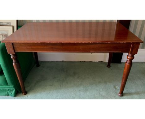 A mahogany rectangular side table, moulded rectangular top, turned cylindrical lags, 77cm high, 75cn deep, 139cm wide,  late 