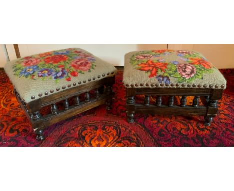 A pair of Victorian  square foot stools, tapestry tops, turned gallery spindles, shaped feet, 18cm high, 31cn wide, 26cm deep