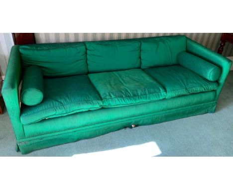 An early 20th century sofa,  upholstered  green silk, 89cm deep, 217cm wide;  two similar side chairs ** We would please ask 