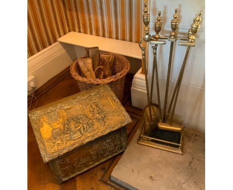 A set of five brass fire side implements and stand, the stand 61cm high;  a embossed brass coal box;  a wicker log basket** W