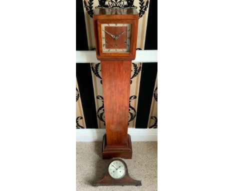 An Art Deco mahogany dwarf longcase clock, square dial, Roman numerals, three winding holes, 134cm high, c.1930;  a Napoleon 