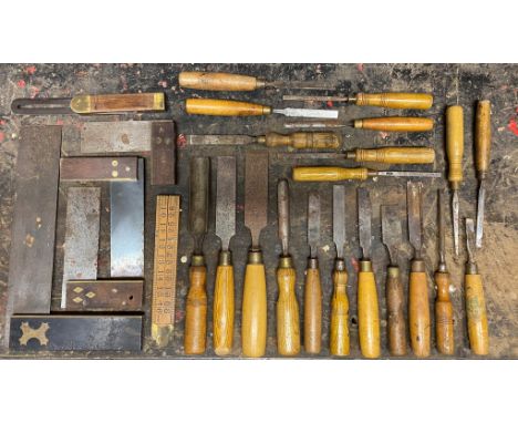 Tools - Chisels, Sorby tools, Mr Punch Brand, others; an ebony and brass carpenters square, others; brass mounted boxwood fol