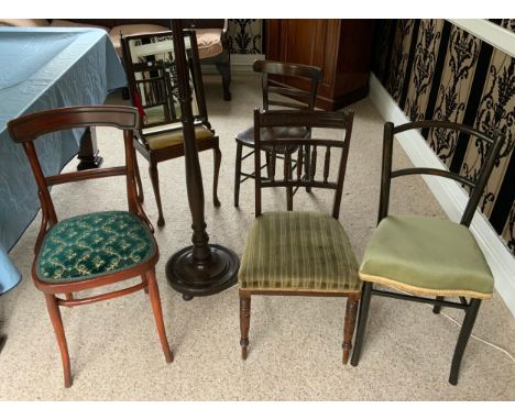 A late 19th century rounded rectangular dressing table mirror, 55cm high;  a mahogany standard lamp;  a piano stool;   bentwo