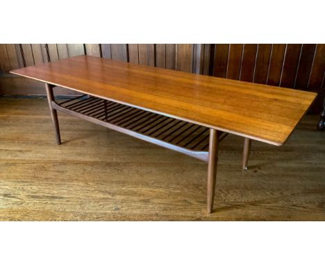 Ib Kofod Larsen for G Plan coffee table, spindle shelf, 46cm high, 58cm deep, 160cm wide, stamped, early 1950 to mid 1960** W