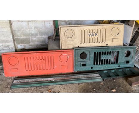 Salvage - Three YAK truck cab fronts, stamped aluminum, 146cm wide; fairy winches gearbox/power take off; side panels; dashbo