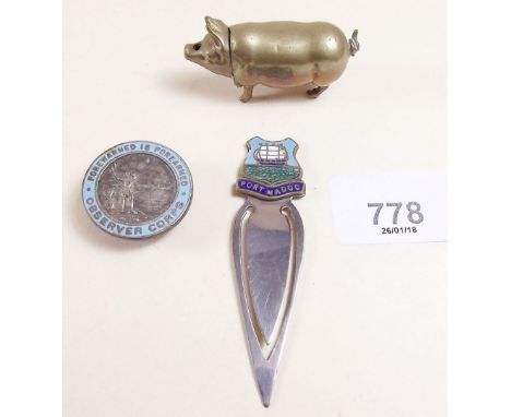A Victorian novelty brass pig vesta, a Portmadoc book mark and Observer Corp button