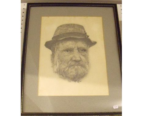 A pencil sketch of an old man with hat - indistinct signature, 30 x 23cm