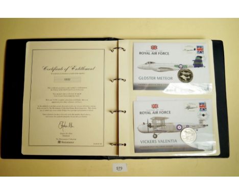 A coin cover collection album: History of the RAF including thirteen coin cover issues, examples include Gloster Meteor, Hali