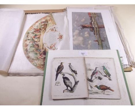 A folio of various prints and a silk panel for a fan