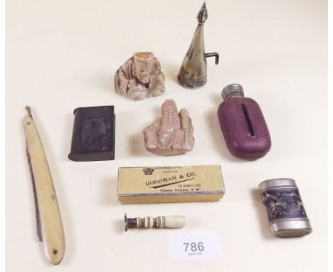 A small group of collectables including a bone handle seal, spirit flask, cut throat razor, two vestas etc