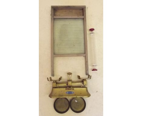 A set of Stevens kitchen scales, a glass rolling pin and an Acme washboard