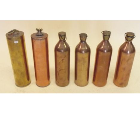 Five copper water flasks and a brass water flask circa 1920's