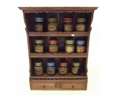An old oak spice rack with spice jars - 51cm