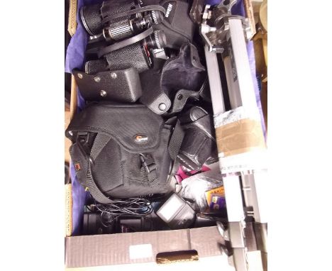 A box of cameras and binoculars to include: Canon, Minolta, Vitto, etc plus a Kenlock tripod