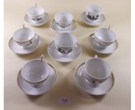 A group of cups and saucers with bat printed decoration circa 1800 - two designs