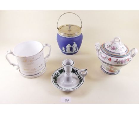 A Wedgwood Jasperware biscuit barrel, loving cup, sucrier and a Meisson chamber stick