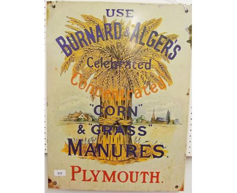A 'Burnard &amp; Algers Corn and Grass Manures Plymouth' enamel style reproudction sign - 61cm x 46cm