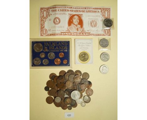 A quantity of coins including: Falkland Islands Liberation set 1982, farthings, halfpennies, pennies, sixpences, shilling, tw