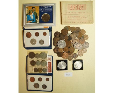 A quantity of mixed coinage including 1953 pre-decimal set, commemorative crowns, first decimal coin sets, farthings, half pe