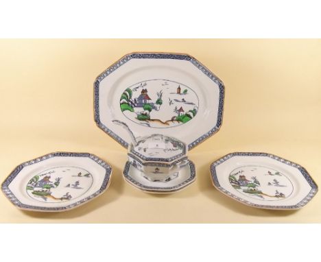 A Woods Ware dinner service comprising: two plates (one a/f), four breakfast plates, two tureens, two sauce tureens and stand