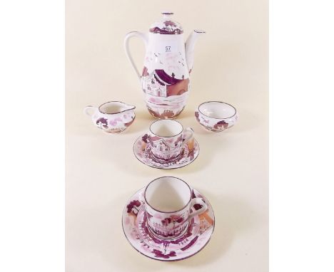 A Gray's pink lustre coffee set comprising coffee pot, milk, sugar and five cups and saucers