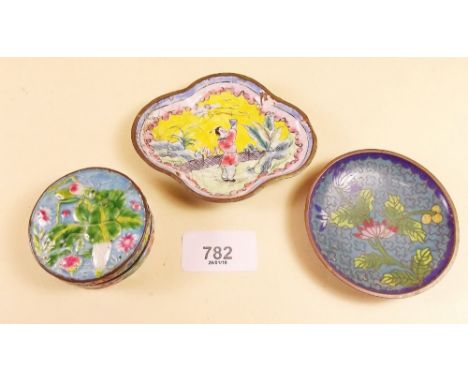 A Chinese enamel pin dish and similar circular box and a Japanese enamel box