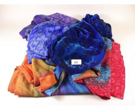 Four silk georgette painted scarves and a silk mix scarf