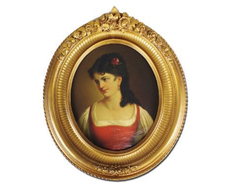 J Jolly (late 19th century), Portrait of a lady, half length with a red rose in her hair, signed lower right, oil on canvas, 