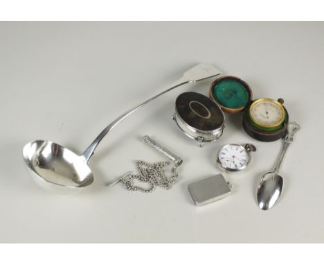 A silver Fiddle pattern soup ladle, WE, London 1818, together with a silver and tortoiseshell mounted oval trinket box, a sil