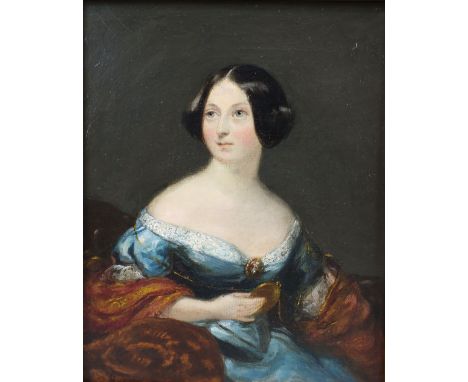 British school, early 19th century, Portrait of a lady, half length wearing a light blue dress and red cloak, oil on canvas, 