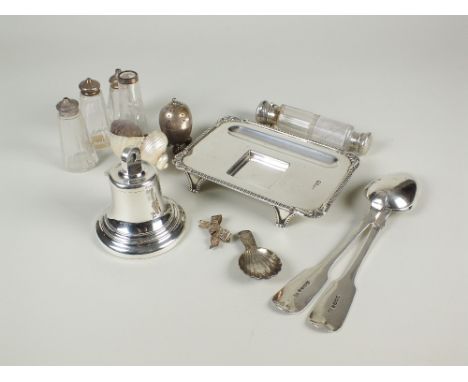 A rectangular silver ink stand, London 1905 (lacking inkwell), together with a circular silver box and cover, various silver 