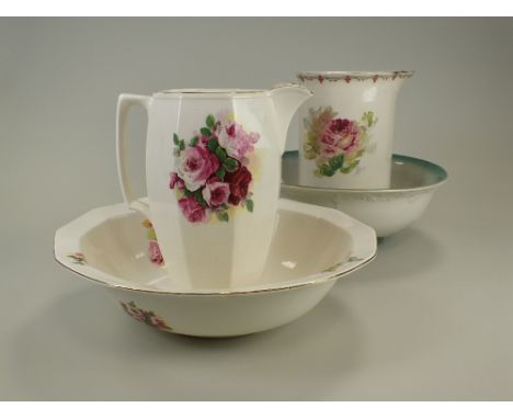 A Britannia Pottery 'Scotch Ivory' toilet jug and bowl, of octagonal form and decorated with colour printed rose sprays toget