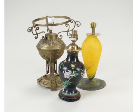 Two boxes of decorative table lamp bases and a brass table lamp with milk glass shade