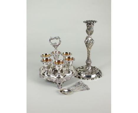 A silver plated six egg cruet with six associated silver egg spoons, Glasgow 1833, together with a cased set of six silver ca