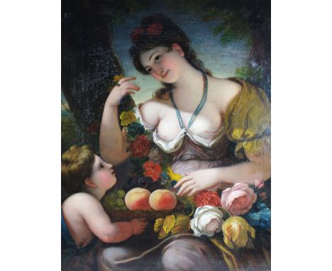 Continental school, late 19th century, Portrait of a lady with fruit and flowers on her lap, oil on canvas, 92 x 72cm