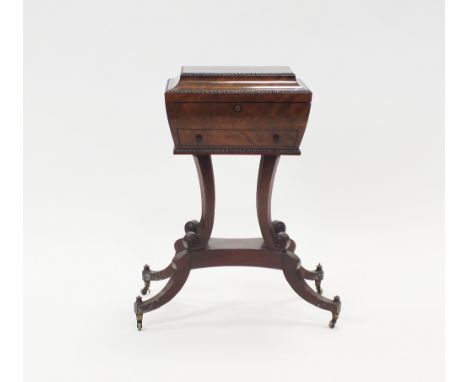 A late Regency/George IV mahogany workbox, first quarter 19th century, the sarcophagus shaped box with bobbin reel border enc