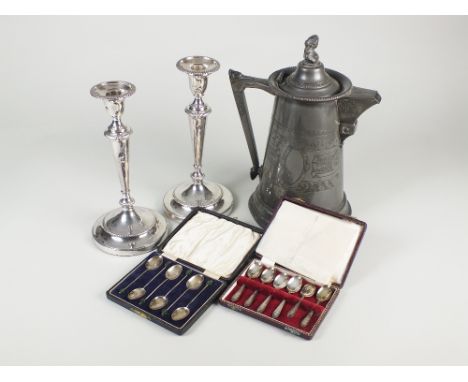 A large pewter flagon/lidded jug, together with pewter coffee pots, a silver plated and glass hors d’oeuvres plate, silver pl