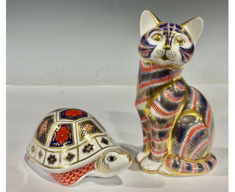 A Royal Crown Derby paperweight, Cat, gold stopper, 13cm; another, Tortoise, gold stopper, both first quality (2)