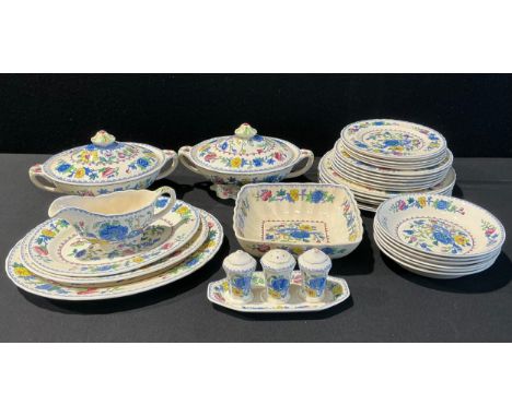 A Mason's Ironstone Regency pattern dinner set, including two oval tureens, three graduated oval platters, dinner, side and d