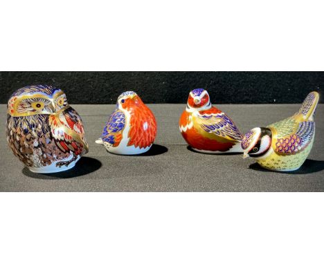 A Royal Crown Derby paperweight, Little Owl, gold stopper, 7.5cm, first quality; others, Robin, gold stopper, Blue Tit, gold 