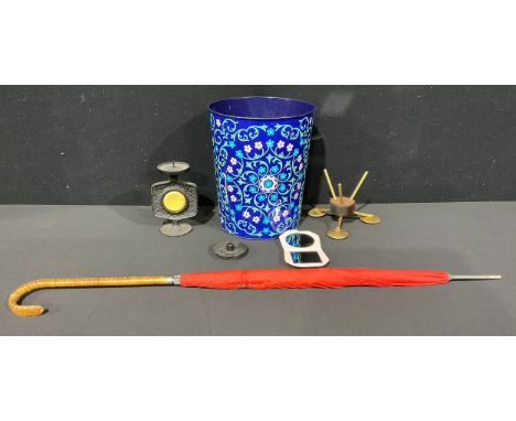 A 1960s Erich John cast metal and ceramic candlestick, others three sconce wood and metal,  retro waste paper basket etc