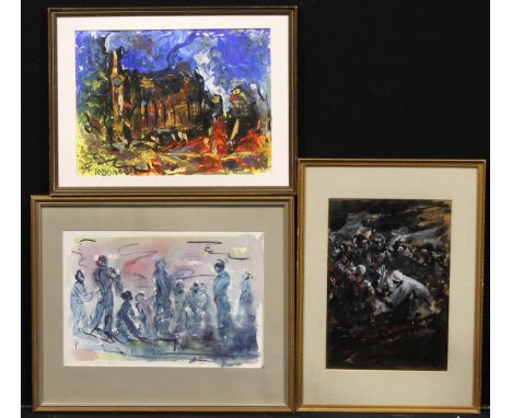 Thomas O'Donnell (1944-2020) London Crowd signed, dated 1992, mixed media, 27.5cm x 40cm; others similar (3)