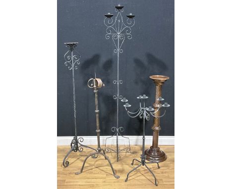 An oak torchere or statuary pedestal, knopped twist column, circular plateau and base, 99cm high; an Arts &amp; Crafts style 