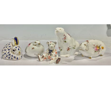 A Royal Crown Derby paperweight, Posies pattern Polar Bear, gold stopper; others, Quail, silver stopper and Pig, gold stopper