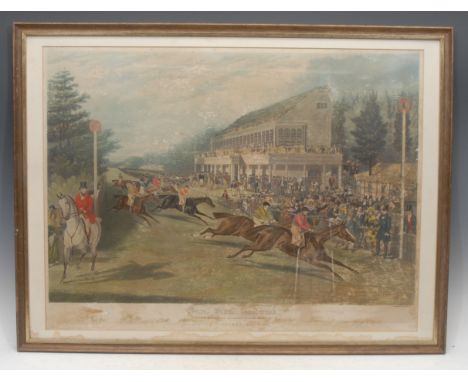 Victorian Sporting Prints - Charles Hunt, Grand Stand, Goodwood, Adine Winning The Goodwood Stakes 1853, hand tinted engravin