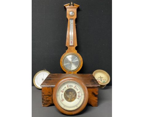 A Regency style mahogany veneer mercury barometer, by Comitti of London, 68cm high; others, bracket, enamel dial, etc; a 19th