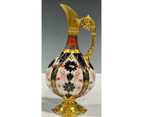 A Royal Crown Derby 1128 Imari pattern Kedleston ewer, solid gold band, 25cm high, first quality, faults